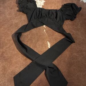 Black Puff Sleeve Crop Top with Ties to put Bow on Back